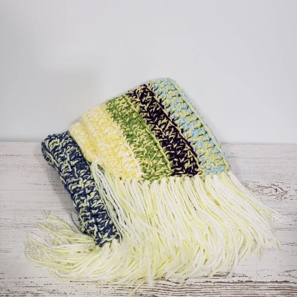 Handmade Multicolor Crocheted Blanket with Fringe  34